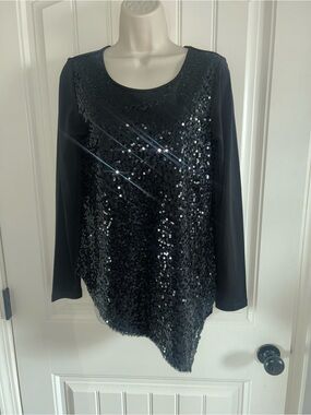 NEW Karen Kane Black Sequin Asymmetric Long Sleeve Top Sz S